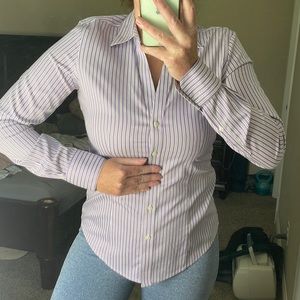 Brooks Brothers Button Down Blouse. Purple with white and black strips